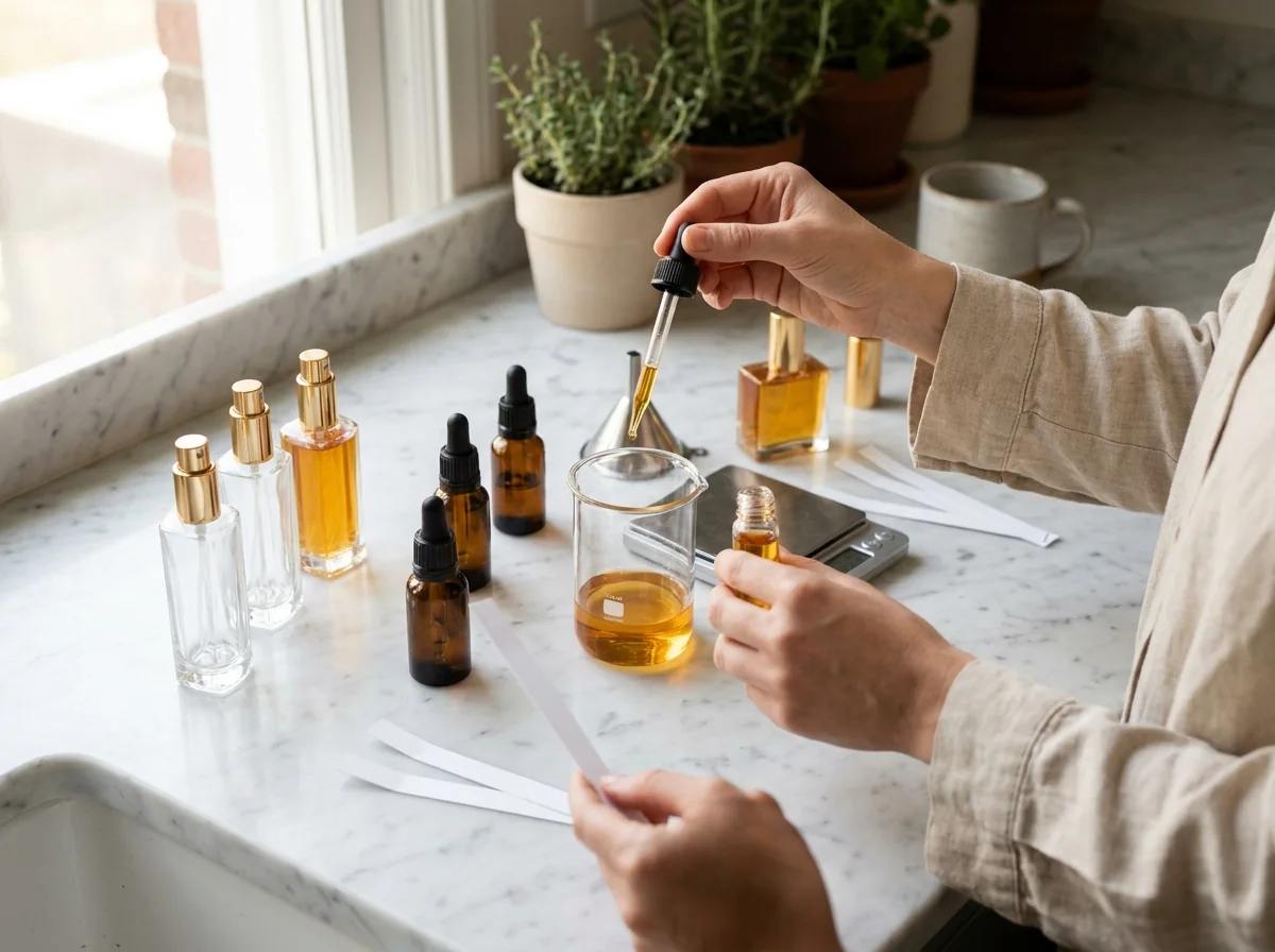 Mãos misturando perfume em casa com pipeta, balança e frascos de vidro