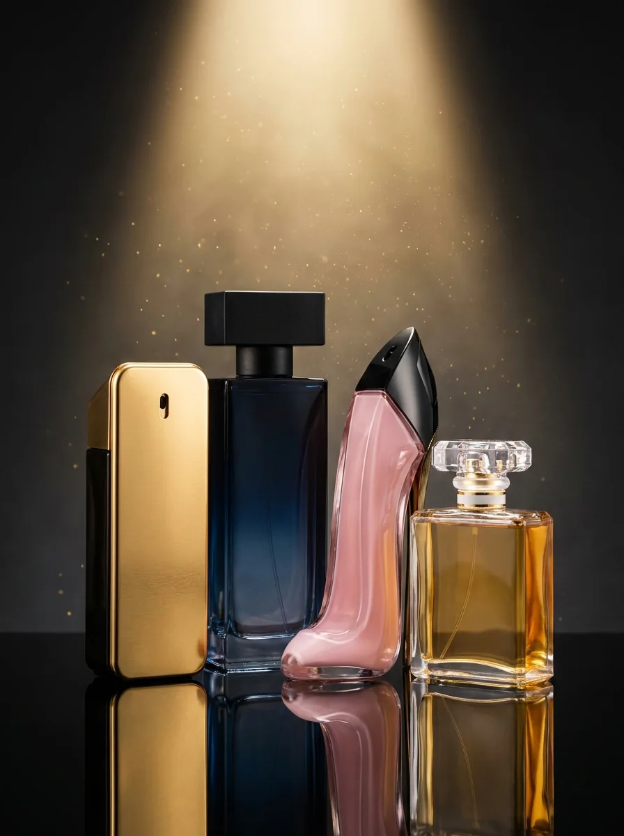Frascos de perfumes importados em fundo preto com luz dourada